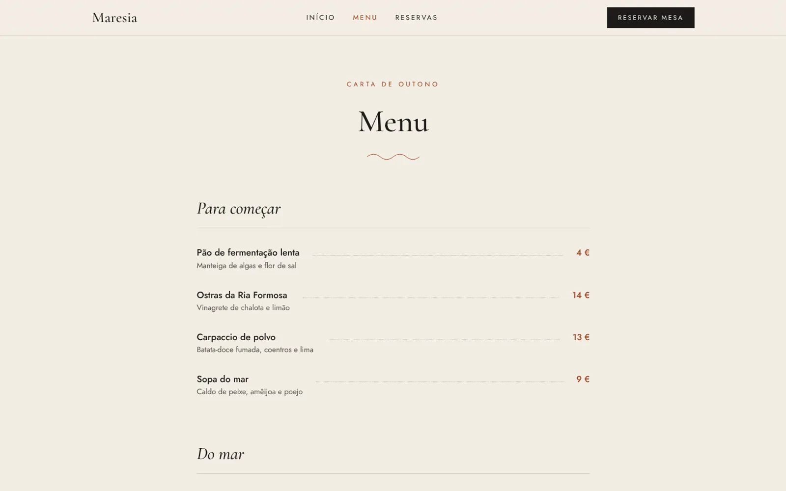 Maresia, cozinha de mar: página interior em computador
